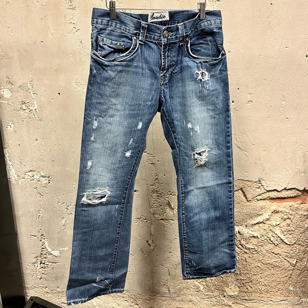 Claudio Dark Wash Distressed Straight Leg Y2K Embroidered Grunge Jeans 32x32